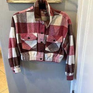 L.A. Hearts XS/Small cropped white, pink, and brown flannel.